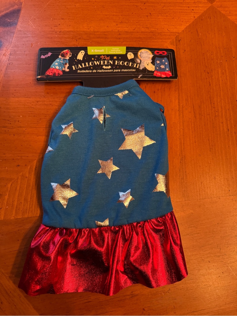Pet Halloween Hoodie Dress - Blue with Silver Stars and Red Skirt size XS
